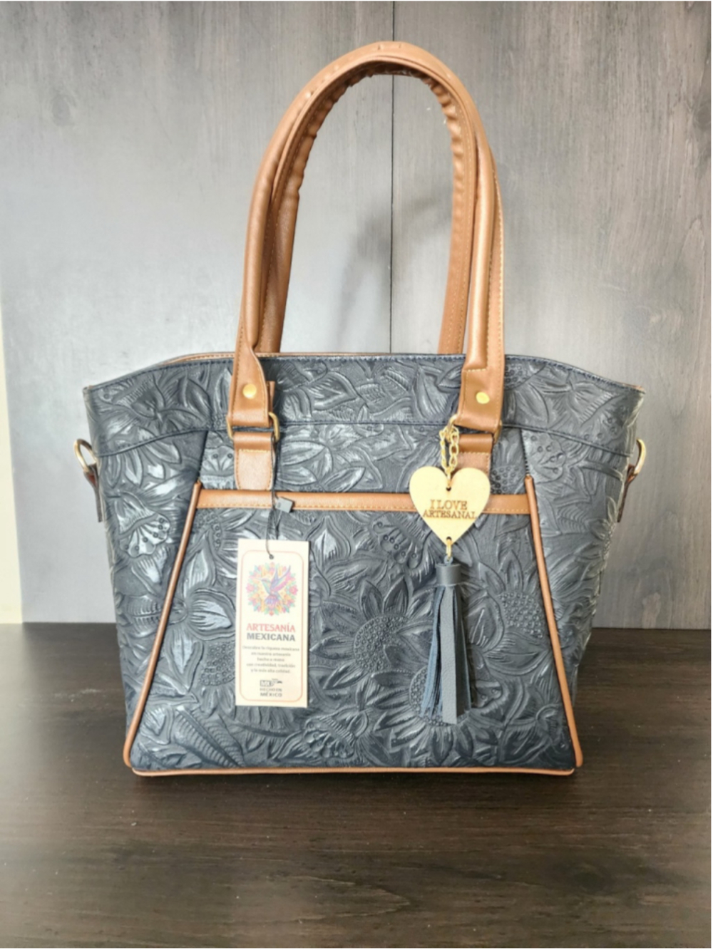 Sunflower Marine NAVY Blue Brown Embossed Tooled Artisan LEATHER Purse Handbag - Picture 5 of 16